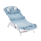 Drive Otter Bathing System adjustable mesh bath chair with white frame and safety straps for children, side view.