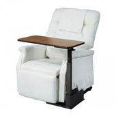 Drive Over Chair Table left handed attached to a riser recliner armchair, white background, side view.
