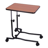 Drive Overbed Table with height adjustment and four castors for mobility, sturdy metal legs, side view.