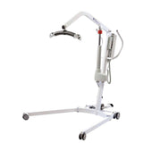 Joerns Healthcare Oxford Midi 180 Electric Hoist with wheels, metal frame and overhead arm for transfers, side view.