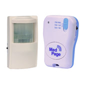 Easy Link PIR movement sensor alarm and Med Page alarm pager for wandering prevention, side by side, front view.