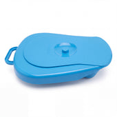 Aidapt plastic bedpan with lid, unisex design and handle, for patient care, resting on surface, angled side view.