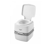 Homecraft Porta Potti 165 flushing toilet with open lid and sealable tank, plain background, front view.