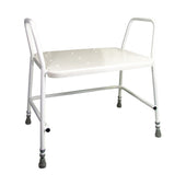 Bariatric height adjustable shower stool with armrests, drainage holes and rubber-tipped legs, front angle.
