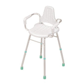 Gordon Ellis Prima Shower Stool with arms and back, featuring safety tips on legs, front angle.