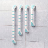Four Prima Straight Grab Bars by Gordon Ellis mounted vertically on a tiled bathroom wall, front view.