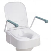 Drive Raised Toilet Seat with lid and padded armrests, front view.