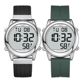 Two round Ravencourt Living digital talking watches, radio-controlled, both show 10:32, designed for visually impaired users, front view.