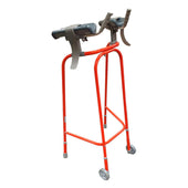 Trulife Dementia Wheeled Trough Frame with padded forearm troughs, handgrips, wrist straps and two small front wheels, side view.