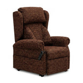 Repose Chatsworth dual motor riser recliner chair with firm side cushions, high back, padded arms and side remote, front view.