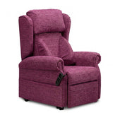 Repose Seating Chatsworth dual motor riser recliner chair with padded arms, firm foam cushions and side remote control, front view.