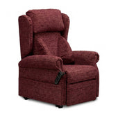 Repose Chatsworth dual motor riser recliner chair with padded cushions and right-arm remote, front view.