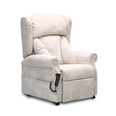 Chepstow Dual Motor Riser Recliner Chair with attached remote control, UK-made, front view.