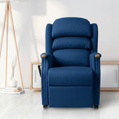 Cobalt Repose Henley dual motor riser recliner chair in a modern room with light wood floor and white cabinet, front angle.