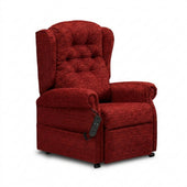 Repose Marbella dual motor riser recliner chair with button back, tufted arms and remote control, front view.