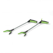 Pair of RevoReach GripLock reachers with ergonomic handles and rotating jaws side by side, white background, top view.