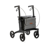 Rollz Air Carbon Fibre Rollator in Coal Black with four wheels, upright handles and front fabric bag, side view.