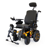 Roma P400 Powerchair rear-wheel-drive with headrest, armrests and joystick control, side view.