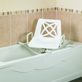 Homecraft rotating bath seat with backrest mounted over a bathtub, side view.