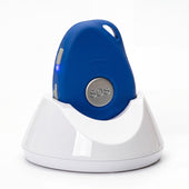 Ravencourt Safer Walking GPS Locator in white charging dock on white background, front view.