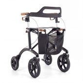 Saljol Allround Rollator, a lightweight aluminium four-wheeled walker with a mesh storage bag and integrated seat, three-quarter view.