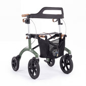 Saljol Allround Rollator, a lightweight aluminium rollator with a seat and mesh storage bag, three-quarter view.