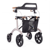 Saljol Allround Rollator, a lightweight four-wheeled aluminium walker with a mesh bag, backrest, and handle brakes, three-quarter view.