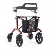 Saljol Allround Rollator with a lightweight aluminium frame, mesh storage bag, backrest, and adjustable handles, three-quarter view.
