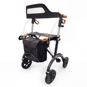 Saljol Carbon Rollator with seat, backrest and storage bag, three-quarter view.