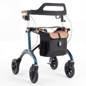 Saljol Carbon Rollator with four wheels, black storage bag, and wood-look seat on a white background, front view.