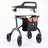 Saljol Carbon Rollator with hand brakes, sturdy frame and black-brown bag on white background, front angle.