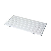 Rectangular metal shower board with raised slats and feet, designed for comfort, front angle view.