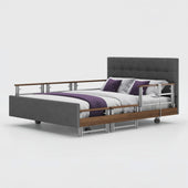 Opera Beds Signature Comfort Plus Dual Profiling Bed with wooden accents and purple bedding on a white background, front view.