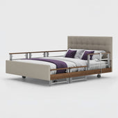 Signature Comfort Plus Dual Profiling Bed with linen upholstery, drop side rails and bedding, front view.