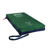 Sidhil Simple Plus 4ft Wide Bariatric Air Mattress with printed white text, foot outlines and safety strap for pressure sore prevention, top view.