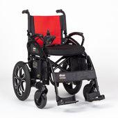 Drive Simply Fold Powerchair with large rear wheels and armrest joystick on a white background, side view.