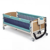 Sidhil Solite hospital bed with mesh side rail, control panel and wheels, product on plain background, side view.