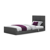 Opera Beds Solo Comfort Profiling Floor Bed with white bedding, purple blanket and custom headboard, front view.