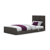 Opera Beds Solo Comfort Profiling Floor Bed with dark frame, white bedding, purple accents and custom headboard, front view.