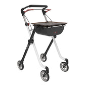 Rehasense Space I Indoor Rollator with 4 wheels, height adjustable frame, hand brake control bar, front view.