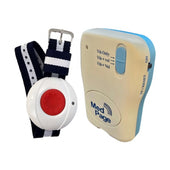Easy Link Splash Proof Call Pendant with wristband and Med Page receiver with buttons and a switch, front view.