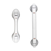 Lifemax Stick ‘n’ Stay Grab Bar with locking suction cups and indicator, side/top view.