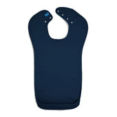 Care Designs Tabard Style Adult Bib with snap closures and pocket, laid flat on a white background, top view.
