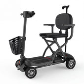 Urathon Thor Ultra-Light Folding Scooter with basket, carbon-fibre frame, armrests and cushioned seat, front view.
