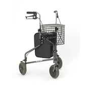 Homecraft three-wheeled rollator with height adjustable handles, wire basket and black pouch, side view.