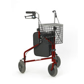 Three-wheeled rollator with grey wheels, adjustable handles, wire basket and black seat, foldable design, front angle.