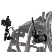 Dash Rehab TODO Drive Power Assist wheelchair with motor and joystick controls, close-up.