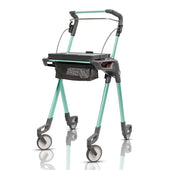 Topro Hestia Indoor Rollator with 4 wheels, black mesh bag, built-in tray and adjustable handrail, side view.