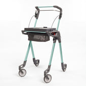 Topro Hestia Indoor Rollator with 4 wheels, black mesh bag, built-in tray and adjustable handrail, side view.