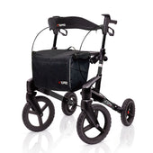 Topro Olympos All Terrain Rollator with large wheels, hand brakes, grey front bag, easy fold design, side view.